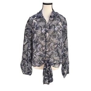 Portmans Paisley Button-Up Blouse | Tie Front | Size 14 | Linen Lyocell Blend